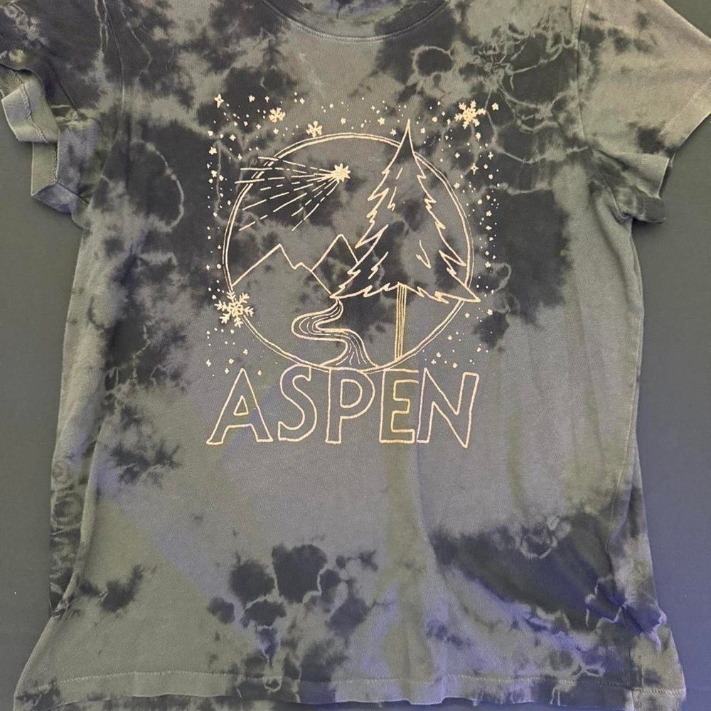 Anthropologie Aspen Colorado Tie Dye Graphic Tee Green Black Mountains Small